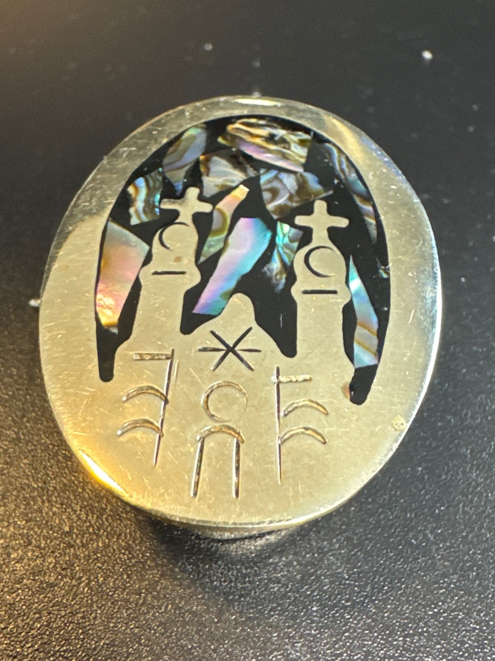 Vintage Alpaca Mexico Abalone Inlay Cathedral Church Locket Pill Box Pendant
